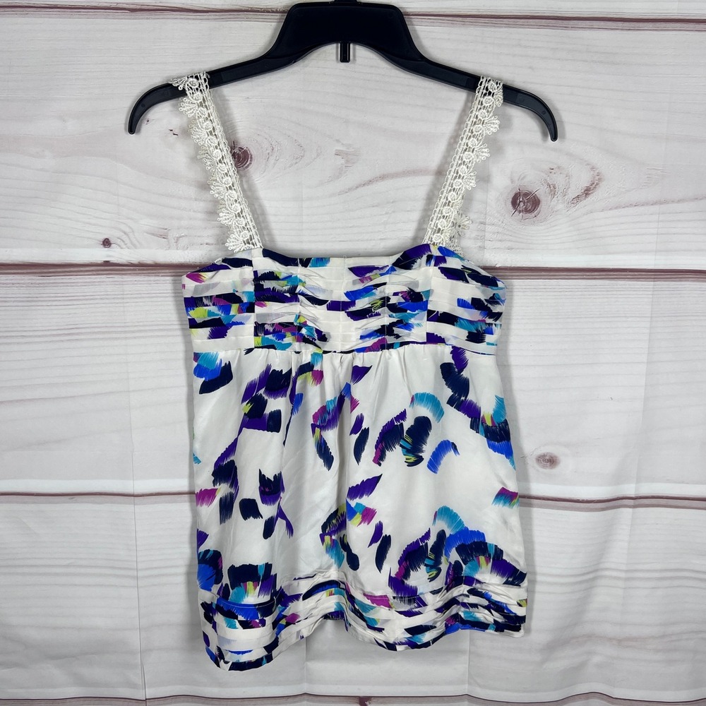 Yumi Kim Camisole Tank Women XS White Abstract Silk Crochet Trim Babydoll Top